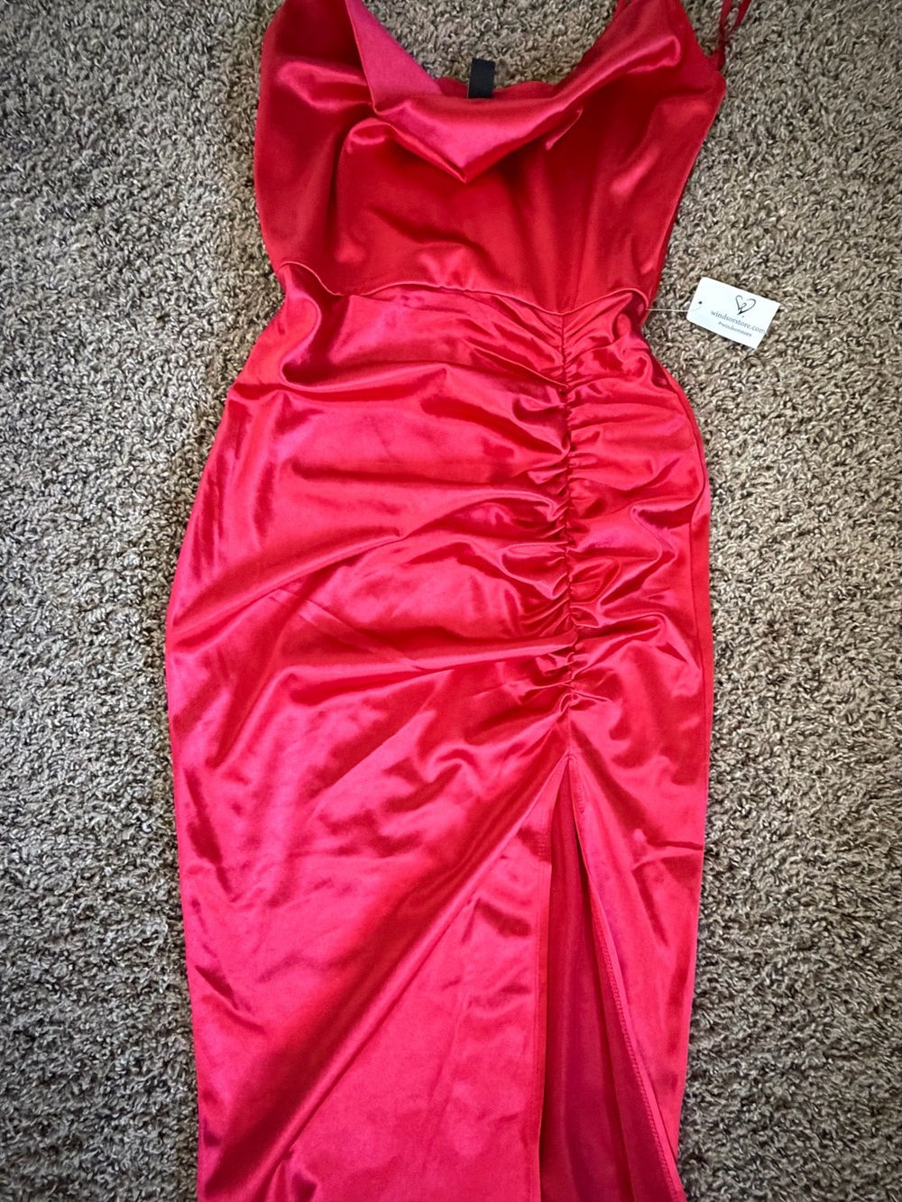 Windsor Red Satin Ruched Midi Dress with Slit